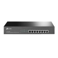 מתג 8 פורטים Tp-Link TL-SG1008 Gigabit – פריט בודד מתג רשת בצבע שחור מוצג מלפנים עם שמונה פורטים