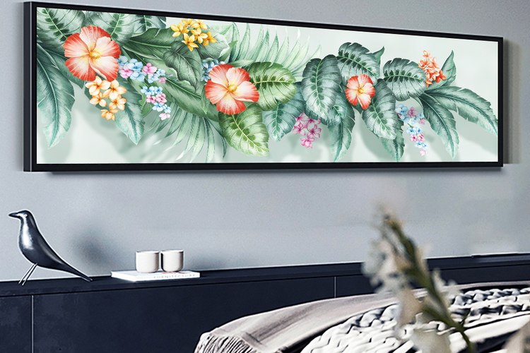 תמונת קנבס לרוחב מעוצבת | הדפס בצבעוניות הרמונית של עלים ופרחים "שובל פורח" | תמונה גדולה לבית