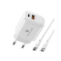 מטען קיר וכבל Miracase USB-C MWC20PQ2 20W – מטען קיר לבן עם שקעי USB-C ו-USB-A לצד כבל USB-C לבן