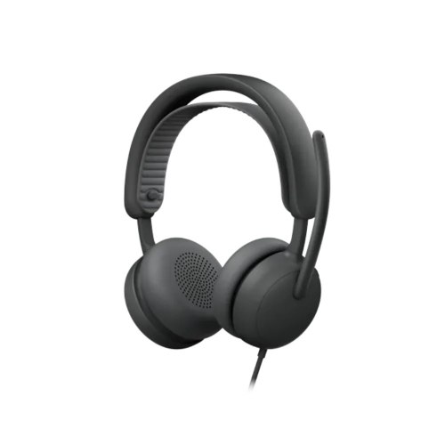 אוזניות לעבודה Logitech Zone Wired 2 עם ביטול רעשים אקטיבי ומיקרופון AI בצבע אפור