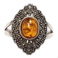 טבעת מכסף בשילוב ענבר צבע קוניאק ומרקזטים  RG5964 | תכשיטי כסף 925 | טבעות כסף