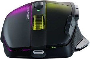 עכבר גיימינג אלחוטי Turtle Beach Kone XP Air – מבט מקרוב על עכבר שחור מואר עם גלגלת וכפתורים