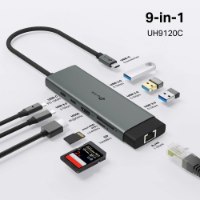 מפצל Tp-Link UH9120C USB Type-C 9-in-1 – מפצל אפור מחובר בכבל USB-C מציג את כל חיבוריו HDMI