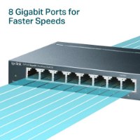 מתג שולחני 8 פורטים Tp-Link SG108 Gigabit – מכשיר עם שמונה פורטים כיתוב באנגלית וקווים כחולים