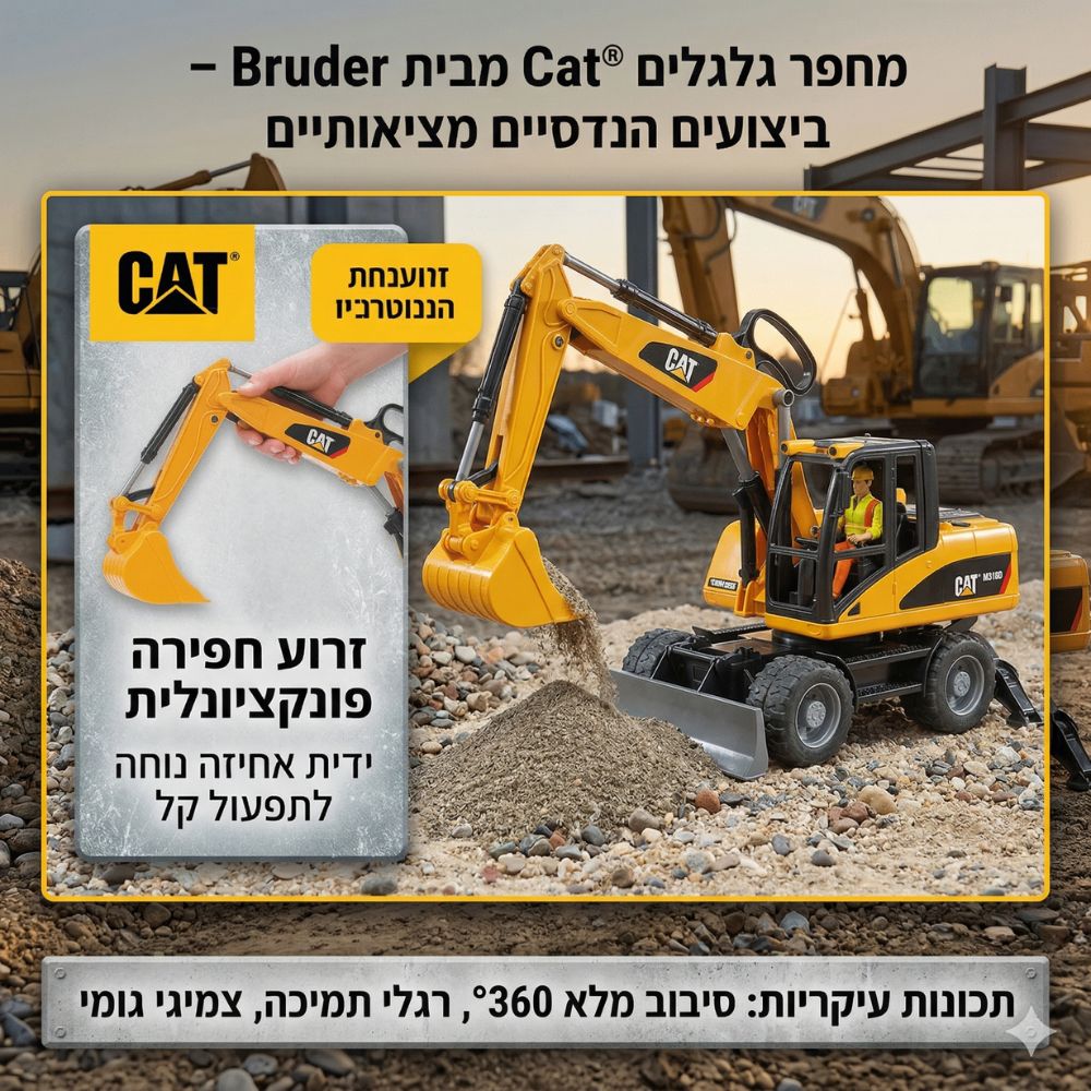 מחפר גלגלים Cat מבית Bruder – ביצועים הנדסיים מציאותיים