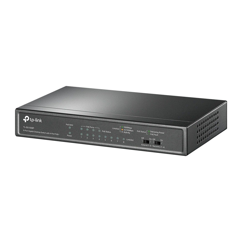 מתג שולחני Tp-Link TL-SG1008P 8-Port Gigabit Switch – אלחוטי פריט בודד של המכשיר השחור מוצג על רקע לבן
