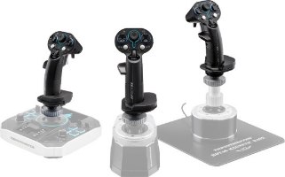 בקר טיסה ללא בסיס Thrustmaster Sol-R 3 AVA Add-On Grip PC – שלושה ידיות אחיזה שחורות עם כפתורים כחולים מוצגות על רקע לבן