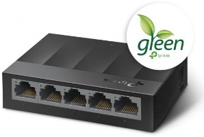 מתג שולחני TP-Link 5 Port 10/100/1000Mbps LS1005G – חזית המתג עם 5 פורטים וסמל Green TP-Link