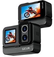 מצלמת אקשן עדשה כפולה SJCAM SJ20 – שתי מצלמות אקשן שחורות אחת מציגה את העדשות הכפולות ומסך והשנייה את המסך הראשי