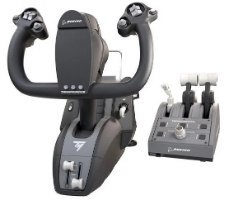 ג'וסטיק ומצערת טיסה Thrustmaster TCA Yoke Boeing Edition – בקר טיסה יוק ומצערת בצבעי שחור ואפור מונחים יחד על רקע לבן USB