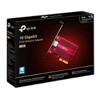 כרטיס רשת TP-Link 10 Gigabit PCIe TX401 V1 – קופסת המוצר השחורה מציגה את כרטיס הרשת האדום ופרטים טכניים מודפסים עליה
