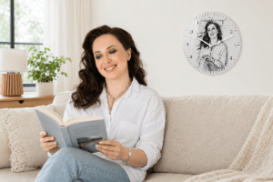 שעון קיר עגול ציור שחור לבן  – קוטר 33 ס"מ