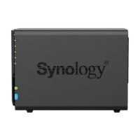 פתרון NAS קומפקטי ומתקדם Synology DS225+ – מכשיר NAS אפור כהה בודד עם לוגו Synology ונורות חיווי בחזית