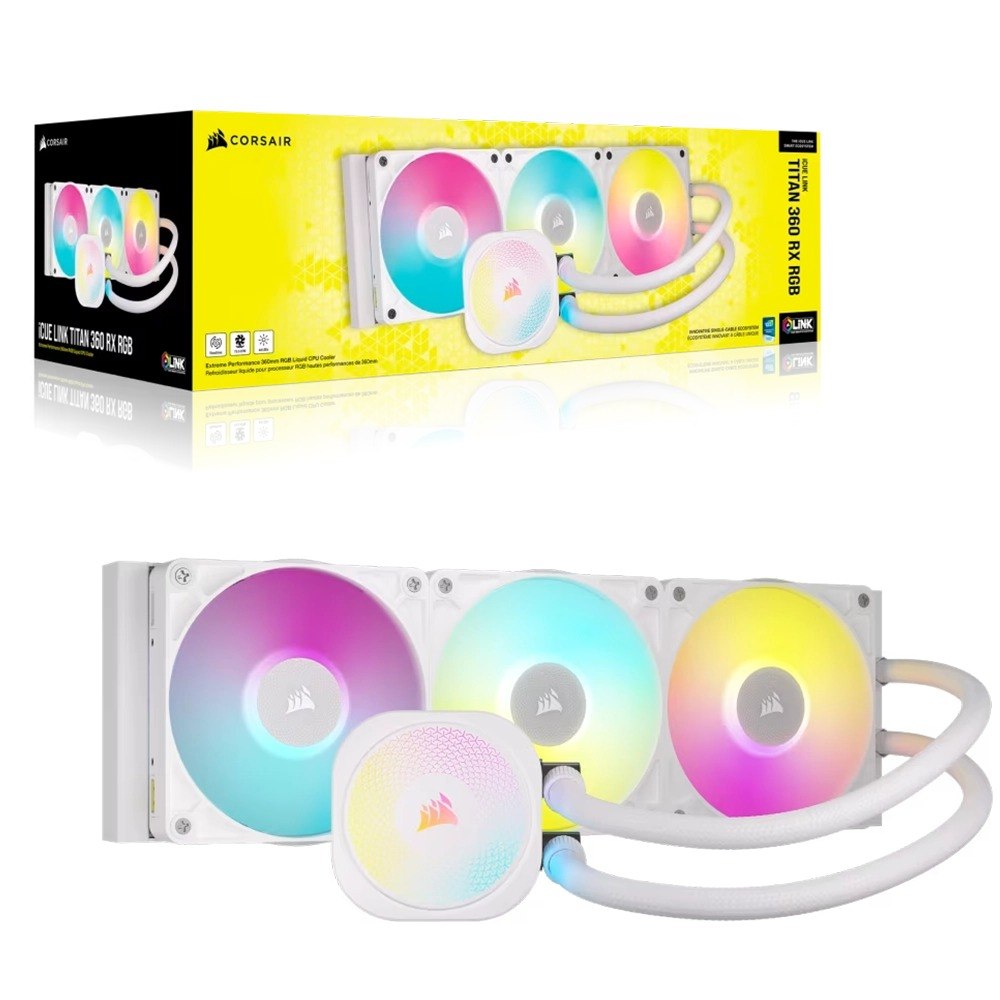 קירור נוזלי למעבד צבע לבן Corsair iCUE LINK TITAN 360 RX RGB AIO – מערכת הקירור הלבנה עם שלושה מאווררי RGB מוארים מוצגת לצד
