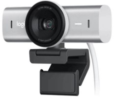 מצלמת רשת Logitech MX Brio 4K Ultra HD Pale Gray – מבט חזיתי על המצלמה הכסופה עם עדשה גדולה ומתקן
