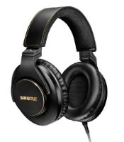 אוזניות אולפן מקצועיות Shure SRH840A – אוזניות שחורות עם נגיעות זהב מונחות על רקע לבן פריט בודד