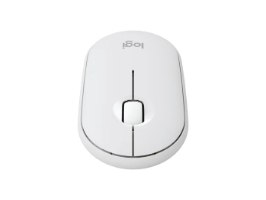 עכבר צבע לבן Logitech Pebble 2 M350S – עכבר לבן בודד נראה מלמעלה עם גלגלת וכפתורים על רקע לבן