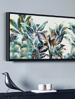 תמונת קנבס לרוחב מעוצבת | הדפס בצבעוניות הרמונית של עלים  טרופים בגימור מוזהב | תמונה גדולה לבית