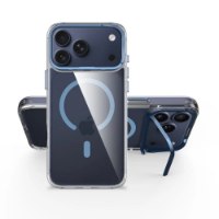כיסוי כחול עבור Miracase Mirahold iPhone 17 Pro – שני כיסויים על מכשירים אחד עומד ואחד שוכב עם רגלית כחולה פתוחה עם חוטי