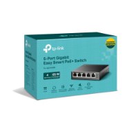 מתג חכם TP-Link 5-Port Gigabit Easy Smart Switch with 4-Port PoE+ TL-SG105PE – קופסת המוצר כחולה-טורקיז מציגה את המתג