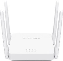 ראוטר Mercusys AC1200 Wireless Dual Band AC10 – ראוטר לבן מלפנים עם 4 אנטנות וסמלי מצב