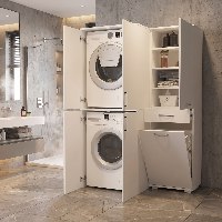 זוג ארונות משלימים אקסלוסיבים למכונת כביסה מייבש וסל כביסה עם אחסון משתלבים בחדר השירות, במרפסת הכביסה או בחדר הרחצה בעיצוב מודרני, נקי ופרקטי