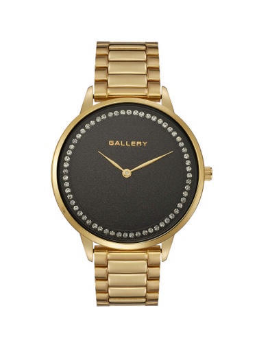 שעון גלרי זהב עם לוח שחור משובץ אבנים לאישה Gallery