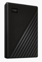 כונן קשיח חיצוני Western Digital WDBYVG0010BBK My Passport 1TB – הכונן השחור נראה בזווית עם טקסטורת פסים אלכסוניים וסמל WD