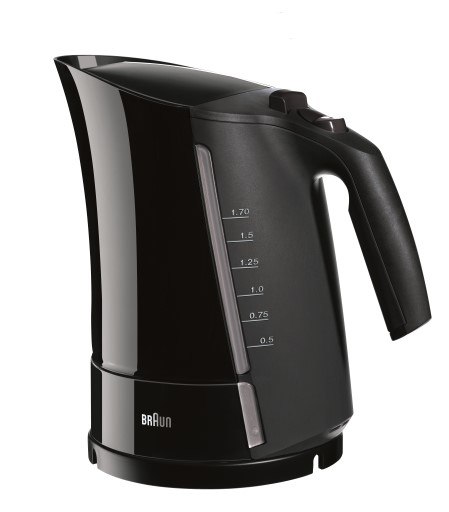 קומקום חשמלי בצבע שחור Braun WK-300B – כלי שחור מבריק בעל חלון מדידה וידית אחיזה