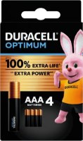 מארז ארבע סוללות Duracell Optimum AAA Lithium – אריזה שחורה וזהובה המציגה סוללות וארנב דורסל אלחוטי