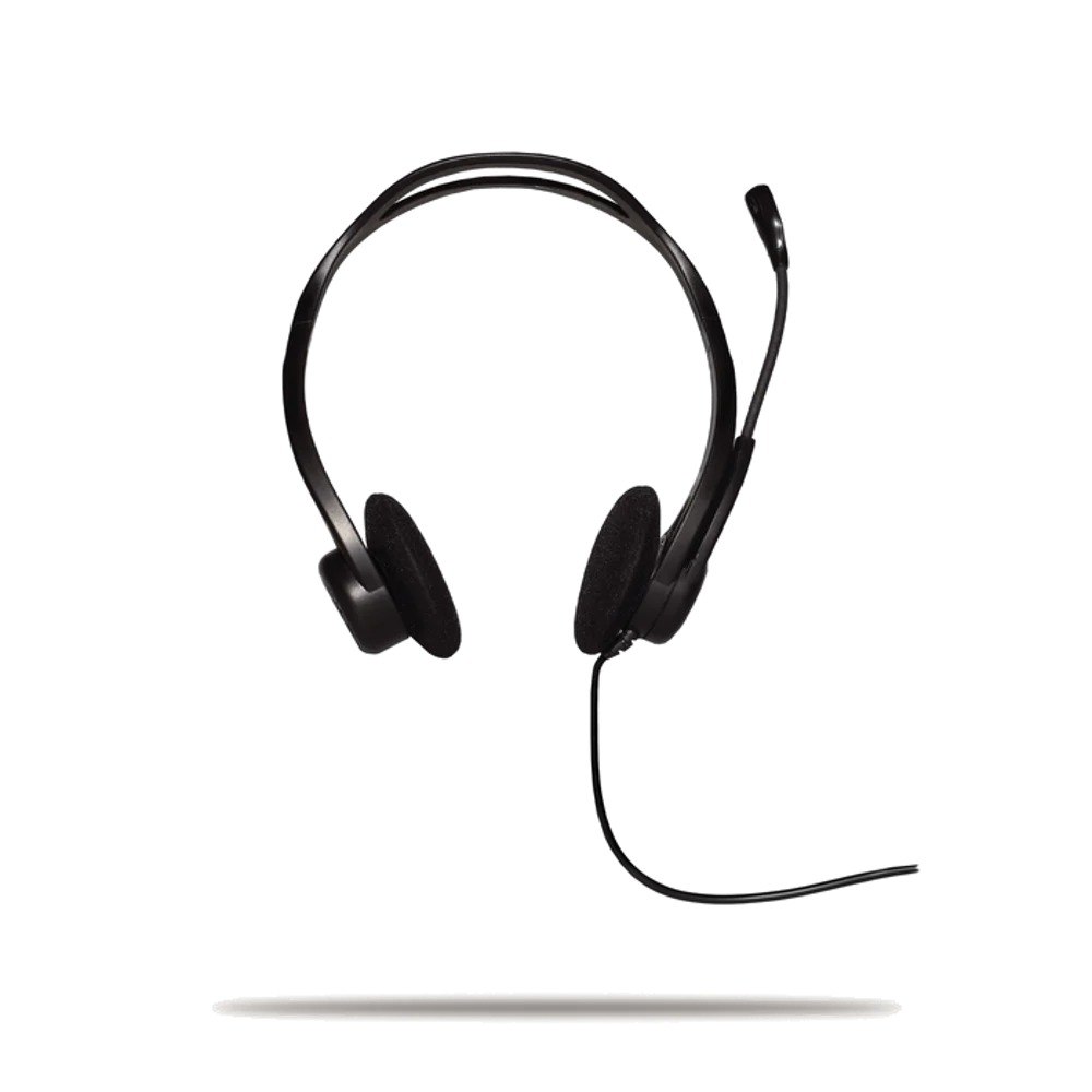 אוזניות עם מיקרופון Logitech 960 USB – אוזניות שחורות עם קשת ראש כריות אוזניים ומיקרופון מובנה מוצגות על רקע לבן