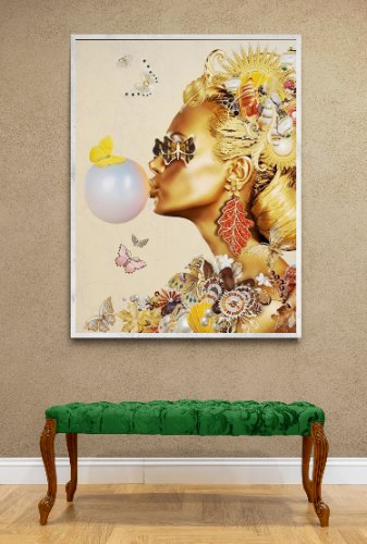 "Golden Girl" תמונת קנבס לבית-הדפס צבעוני בדמות אישה וסוס על רקע לבן|תמונה ממוסגרת ומוכנה לתליה