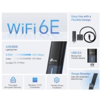 מתאם רשת Tp-Link Archer TXE50UH AXE3000 Wi-Fi 6E USB – אינפוגרפיקה של המתאם השחור נתוני מהירות WiFi 6E ותדר 2 4GHz