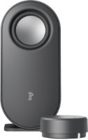 רמקולים למחשב עם סאבוופר Logitech Bluetooth Z407 – רמקול לווייני אחד בצבע אפור כהה ובקר שליטה עגול מונחים על רקע לבן אלחוטי
