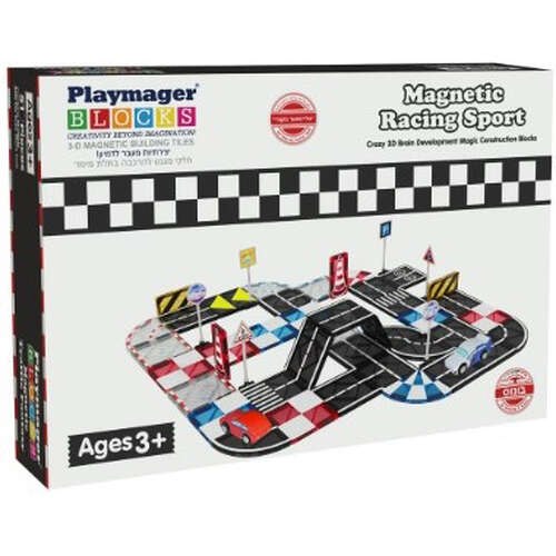 ערכת כבישים מגנטיים עם 2 מכוניות עץ – Playmager