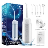 מכשיר סילון מים לשטיפת הפה Mira Care MCWF200 – מכשיר אלחוטי לבן שקוף קופסתו ראשי סילון וכבל טעינה