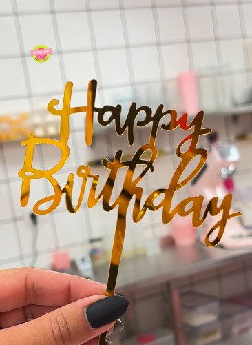 טופר לעוגה Happy Birthday זהב כתב יד
