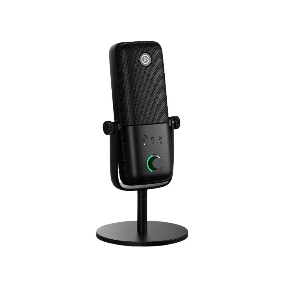 מיקרופון קונדנסר Elgato WAVE:3 MK.2 USB – מיקרופון שחור על מעמד תואם עם טבעת ירוקה מוארת USB-C