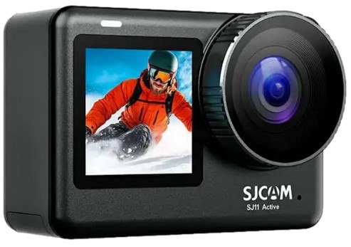 מצלמת אקשן SJCAM SJ11 – Wi-Fi מצלמה שחורה עם עדשה בולטת ומסך המציג גולש סקי