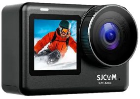 מצלמת אקשן SJCAM SJ11 – Wi-Fi מצלמה שחורה עם עדשה בולטת ומסך המציג גולש סקי