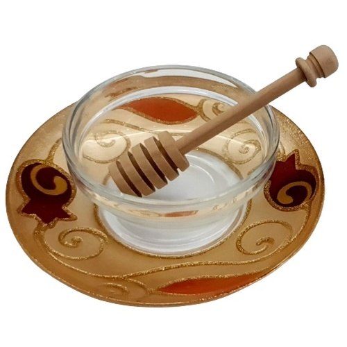 כלי לדבש מזכוכית רימון בורדו ספירלה עבודת יד + רודה דבש עץ