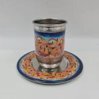 כוס קידוש + תחתית מתכת בשילוב ציור ירושלים
