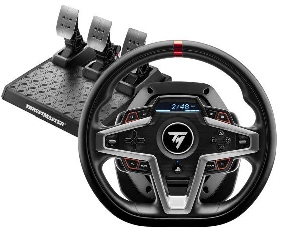 הגה מירוצים עם דוושות מגנטיות Thrustmaster T248P – הגה שחור עם מסך ודוושות כסופות על בסיס שחור