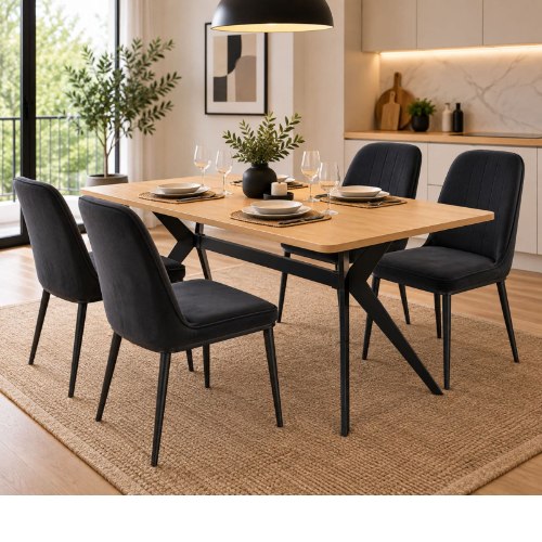 פינת אוכל 140X80 ס"מ פלטת MDF דגם סלסט, כולל 4 כיסאות קטיפה דגם סוזאנה בגוון שחור | אלגנט אונליין