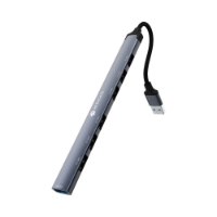 מפצל Miracase USB MHUB550 – מפצל USB אפור עם כבל שחור ושבעה שקעים מוצג באלכסון על רקע לבן