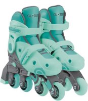 גלגיליות 2 ב-1 מידה 30-33 צבע מנטה Globber 2 in 1 – זוג מגפיים מנטה ואפורות עם גלגלים בטור מוצגות בזווית