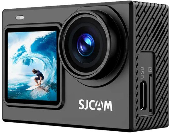 מצלמת אקשן SJCAM SJ6 Ultra – Wi-Fi מצלמה שחורה מוצגת בזווית עם גולש על גל במסך התצוגה הקדמי