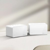 ראוטר (2 יחידות) Mercusys AX3000 Whole Home Mesh WiFi 6 System Halo H80X – שתי יחידות רשת לבנות מונחות זו לצד זו על משטח