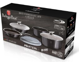 סט 4 כלי בישול 9 חלקים Berlinger Haus Carbon Pro BH-6918 – קופסת אריזה שחורה של סט כלי בישול מציגה מחבת סירים
