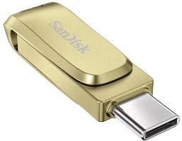 זיכרון נייד צבע זהב Sandisk Ultra Dual Drive Luxe 256GB – כונן פלאש בצבע זהב עם מחבר Type-C גלוי כשהכיסוי מסובב
